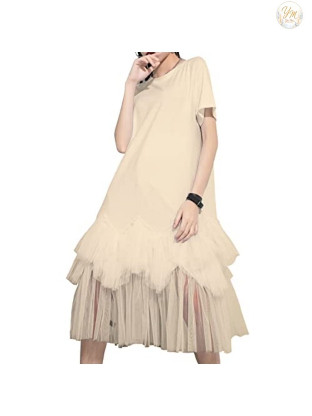 Women's Oversized Tulle Hem T-Shirt Dress Crew Neck Short Sleeve Swing